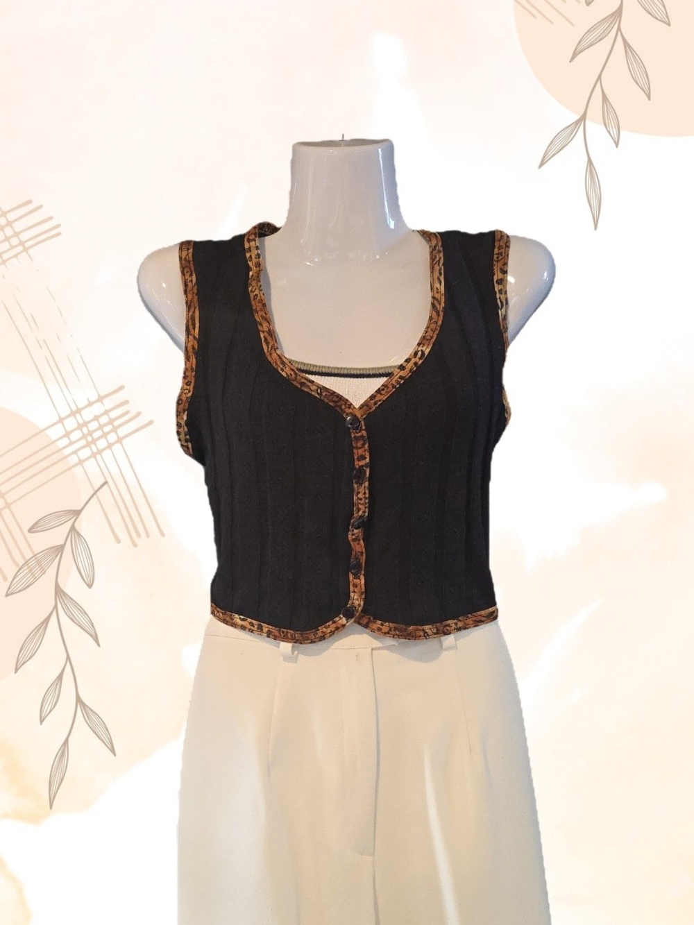 Vintage 80s Chic black sleeveless crop top / button-up vest with  brown trim